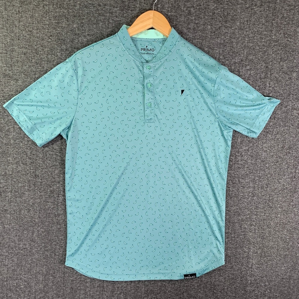 Primo Golf Shirt Men Medium Band Collar Performance Stretch Preppy Banana AOP